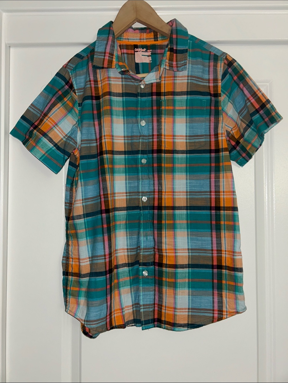 Cat & Jack Teal, Orange, Pink & Black Plaid Button-Up Shirt